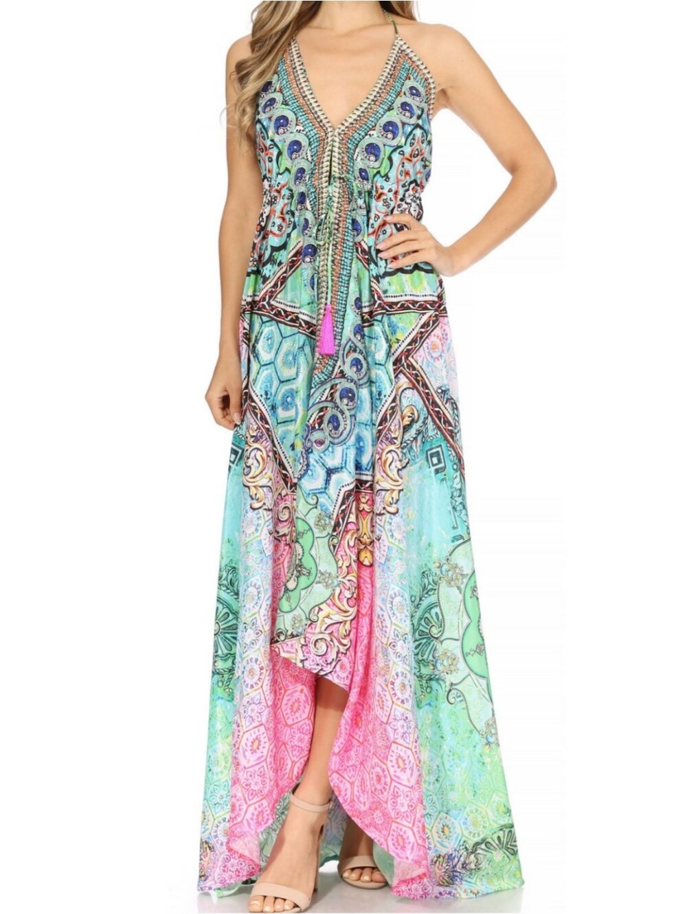 New Maxi Caftan Style One Size Halter Scarf Print Baroque Vacation Dress